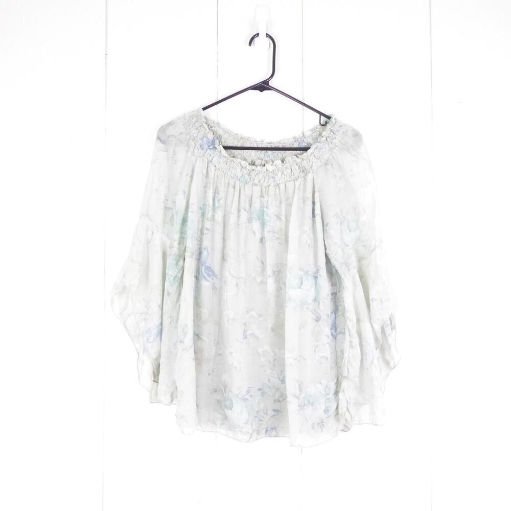 Gusy Top Womens SZ M 3/4 Bell Sleeve Silk Floral Rouged Round‎ Neck Lightweight